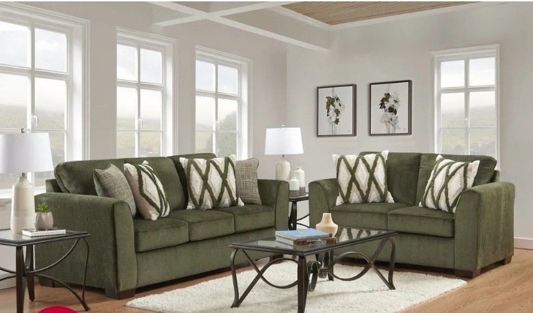 Beautiful Olive Green Sofa Loveseat With Accent Pillows (New)