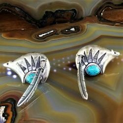 Native American LES BAKER Sterling & Turquoise Bear Earrings