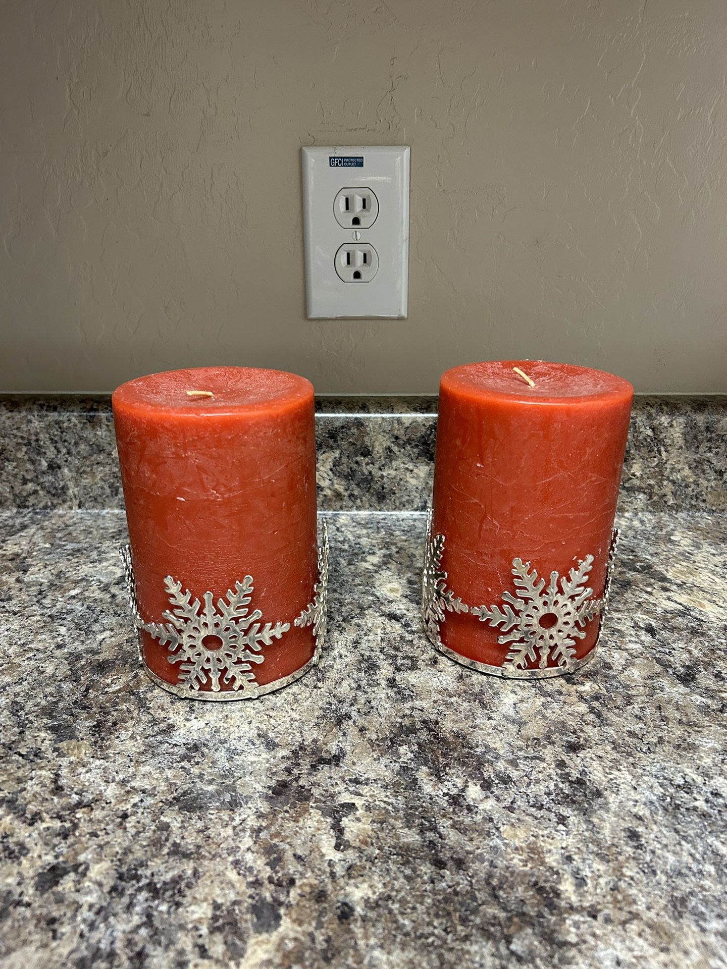 Like New, 2 Red Pillar Candles & 2 Silver Snowflake Candle Holders