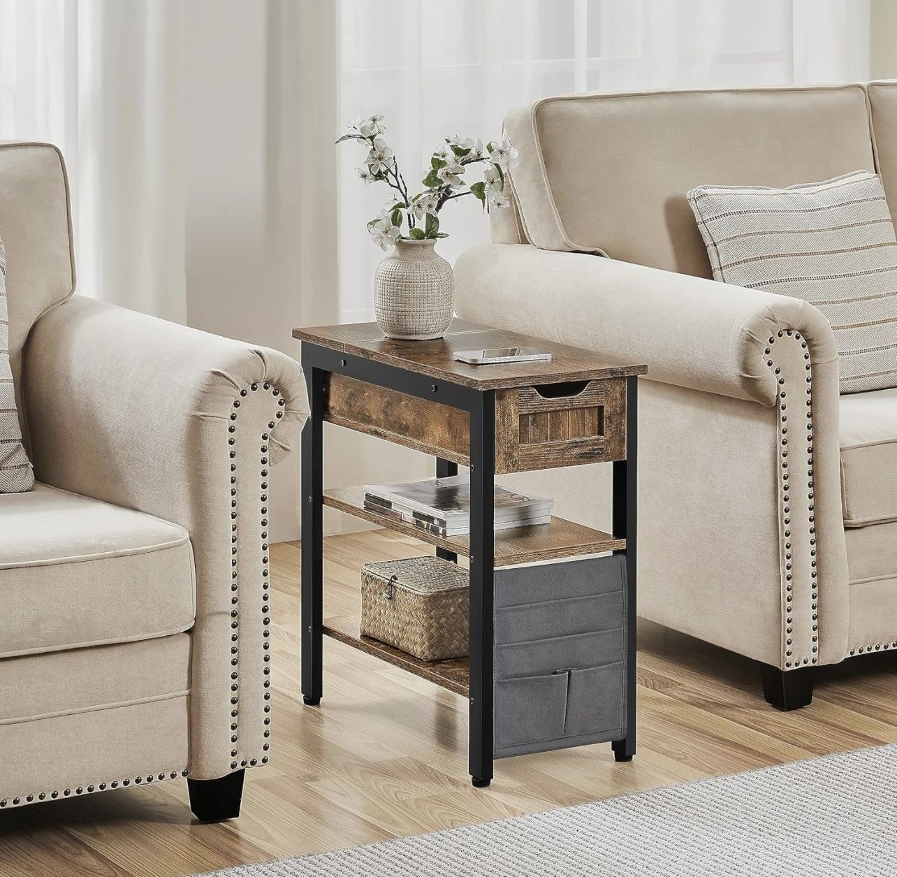Narrow End Table, Flip Top Side Table with Drawer and Shelves, Wooden Nightstand Bedside Table with Removable Fabric Bag for Living Room/Bedroom/Small