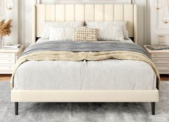 Cream Upholstered Platform Bed Frame- Full size