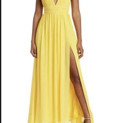 Love By Design Athen Plunging V-Neck Maxi Dress Front Side Slit Yellow, Size S  NWT