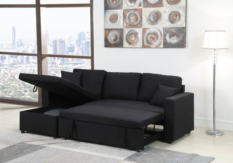 Brand new Black Linen Pull Out Sectional Sofa Reversible Chaise 