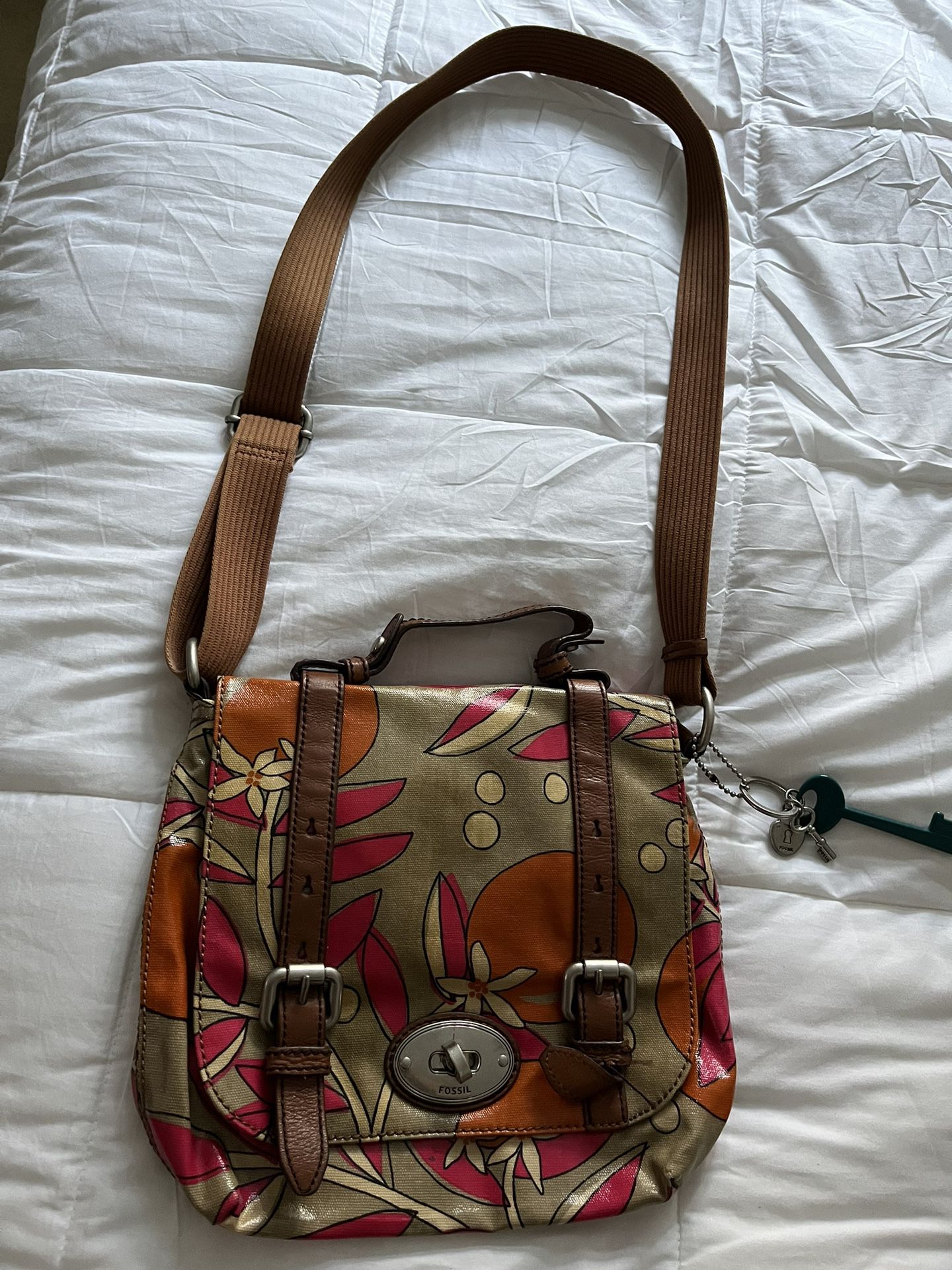  Fossil Key Per Canvas Coated Fabric & Leather Crossbody Messenger Bag