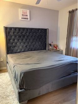 King Size Grey Velvet Tufted Bed Frame