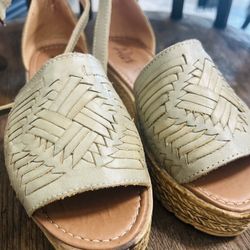 New Sage Green Leather Ankle Wrap Platform Sandals 7-7.5