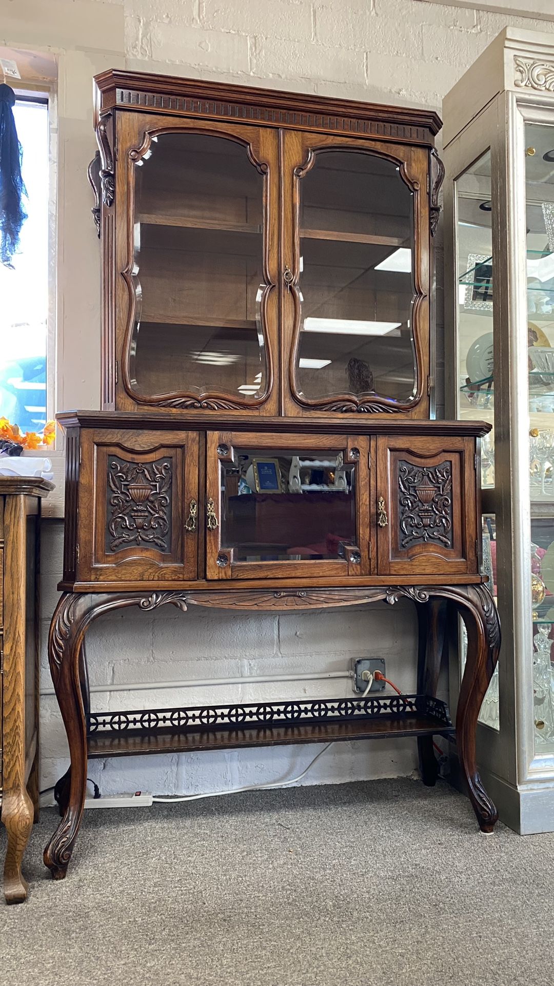 2 piece Antique 1920s English China Cabinet with key 81t x 4ft x 17.5