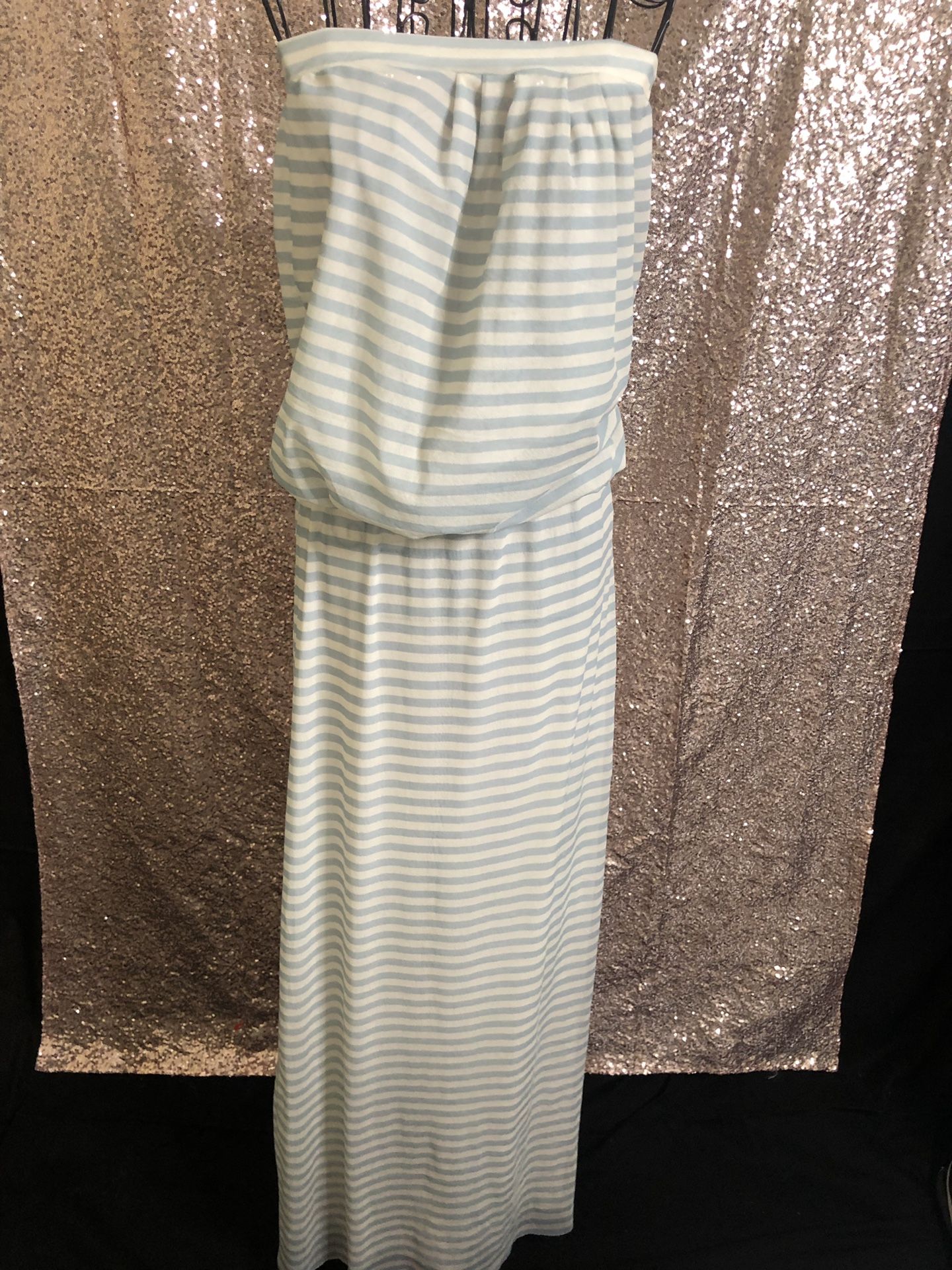 Strapless baby blue and white maxi dress