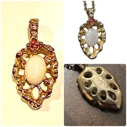 Vintage 1980s Van Doran Genuine Ruby and Milky White Opal Gold Tone Pendant for Necklace