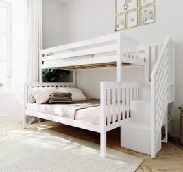 Bunk Bed, Twin-Over-Full Bed Frame For Kids With Stairs, White
