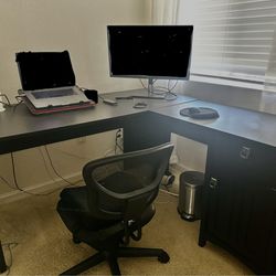 Black L-shaped Desk With Cabinet And Drawer