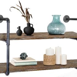 2-Tier 42" Industrial Pipe Floating 𝟏𝟎𝟎% 𝐏𝐈𝐍𝐄 𝐒𝐎𝐋𝐈𝐃 𝐖𝐎𝐎𝐃 Shelves