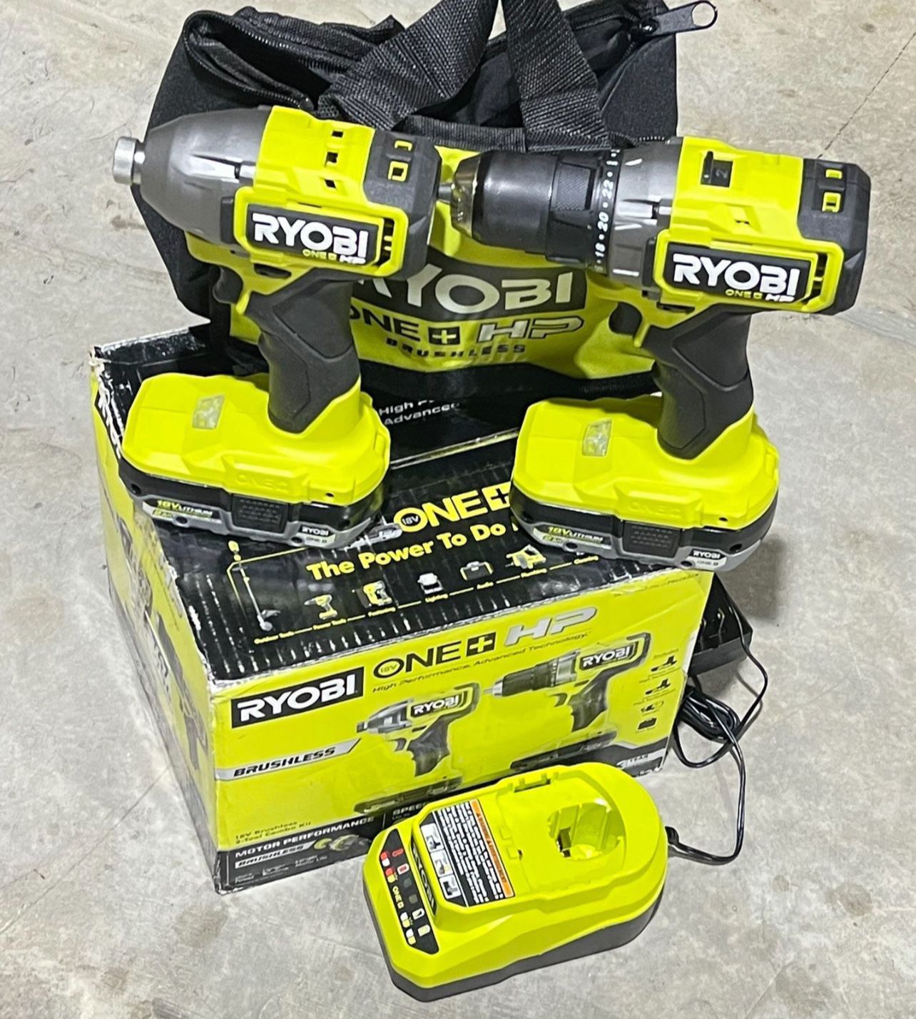 Seller Gift Center RYOBI ONE+ HP 18V Brushless Cordless 1/2 in. Drill/Driver and Impact Driver Kit w/(2) 2.0 Ah Batteries, Charger, and Bag