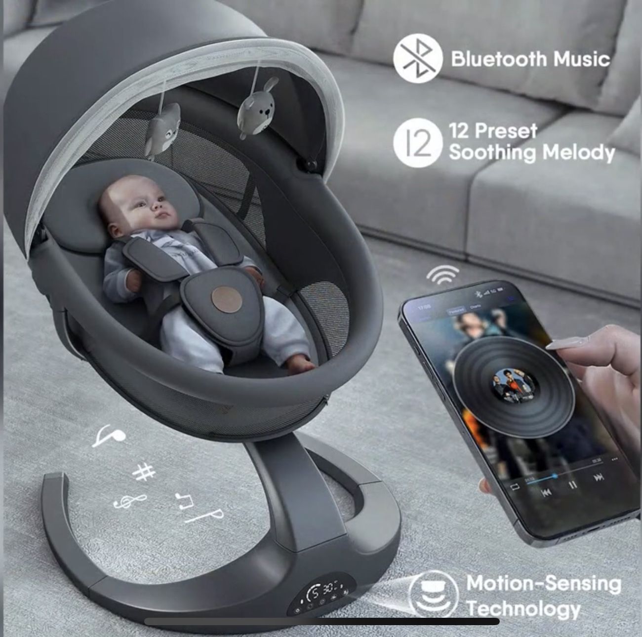 Baby Swings for Infants, Baby Swing 5 Speeds, 12 Soothing Music, 360 Rotating Seat, Adapter & Battery Operated, Indoor & Outdoor