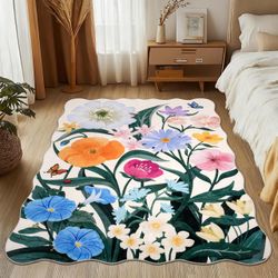 5x7 Nonslip Washable Faux Wool Low Pile Area Rug, Beige Floral Multi with Scalloped Edges, NEW