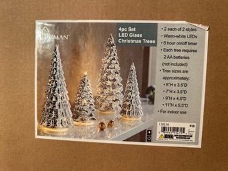 Gorgeous 4 Pcs Glass Lighted LED Christmas Tree Set for Tabletop, Battery Operated, for Fireplace Mantel Desk Shelf, BFF Gifts