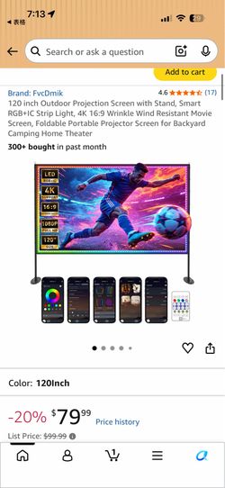 120" Portable Outdoor Projection Screen with Stand & Smart RGB+IC Light