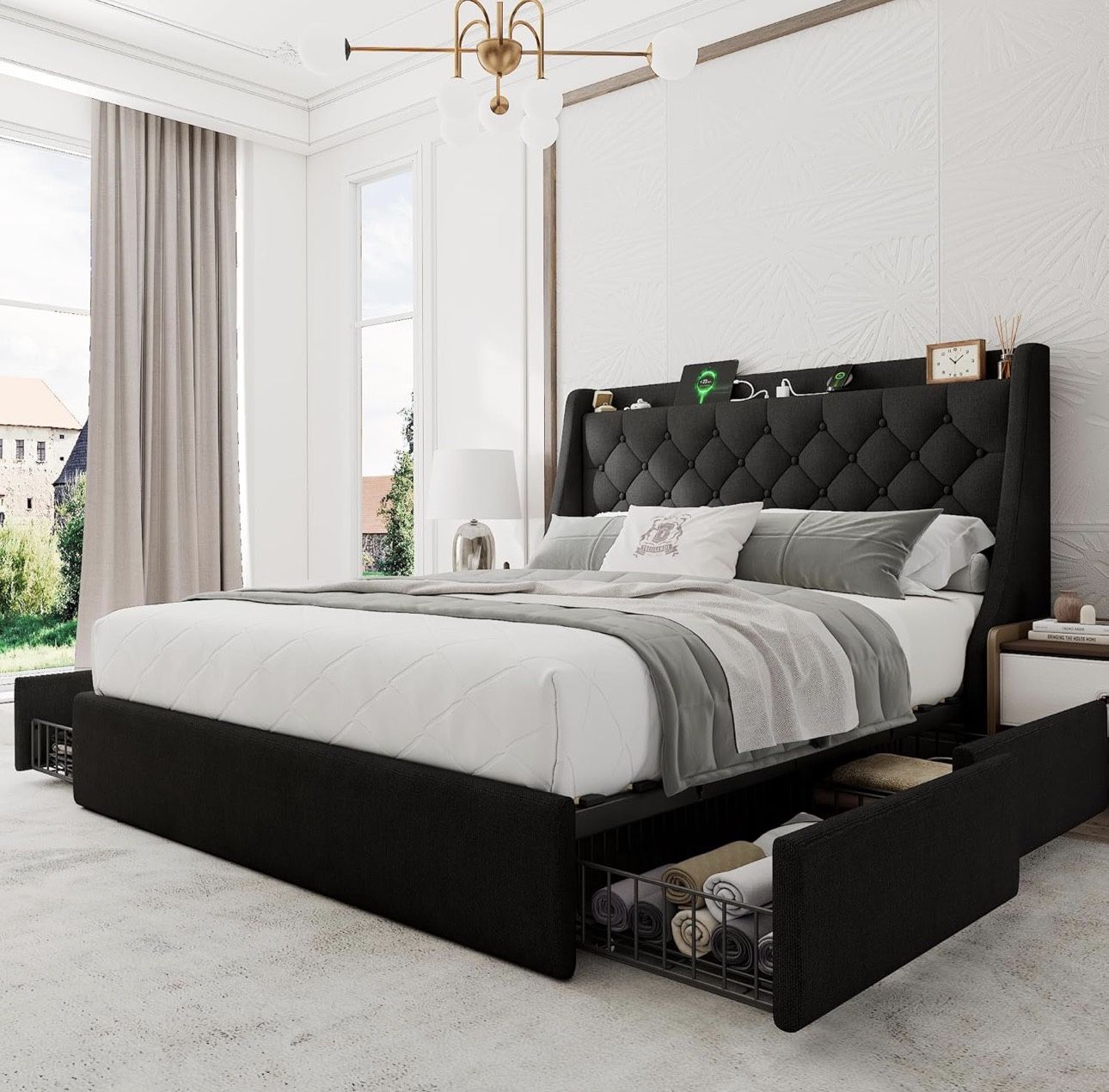 Queen Upholstered Bed Frame with Tufted Headboard + USB & Outlets β Excellent Condition