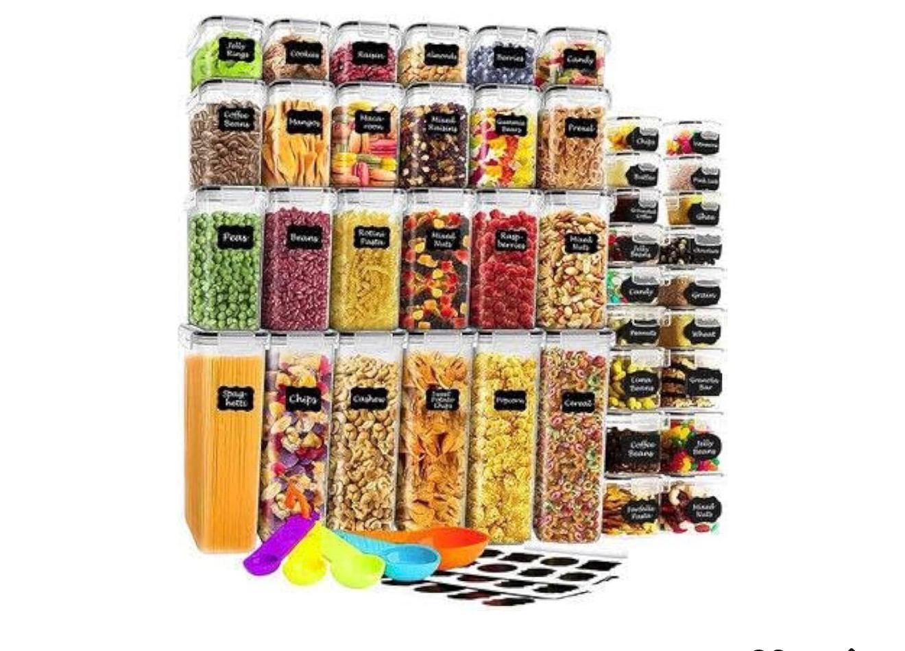 42 Pack Airtight Food Storage Containers with Lids, Plastic Kitchen and Organization Canisters for Cereal, Flour and Sugar, Includes Spoons, Labels an