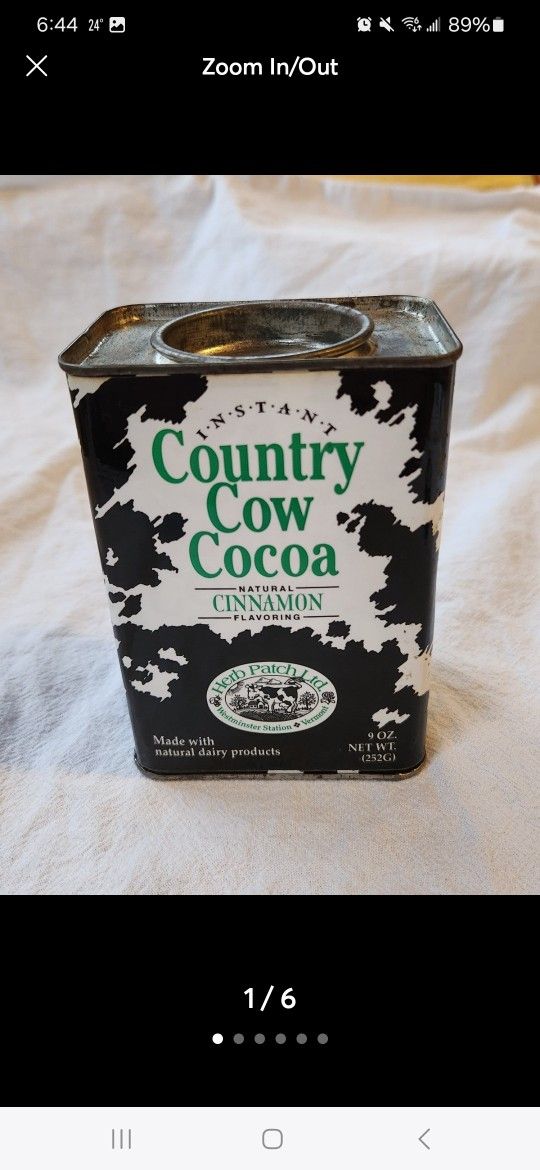 Vintage Instant Country Cow Cow Cocoa Metal Tin. 1970's Vermont Dairy Products.   Approximately just under 4.75" x 3.25" x almost 2.25".  Excellent Co