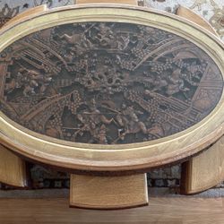 Carved Wood Oriental Coffee Table w/6 Stools