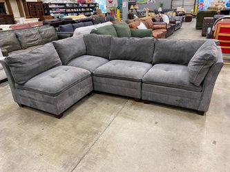 Heathered Grey 4 Piece Modular Tufted Sofa with Dark Wooden Feet