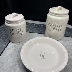 New Rae Dunn 2 Canister And Plate Set 3 Artisan Collection Magenta  set includes Pie plate and Coffee & Beans canister