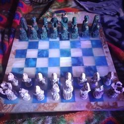 Beautiful Unique Blue Marble Chess ♟️ Set Aztec Vs Spanish 