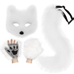 NEW! Furry Fox Wolf Mask, Tail and Paw Gloves Costume Cosplay Set, White