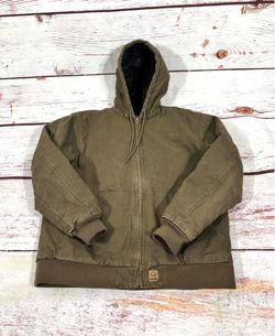 Men's Wolverine Insulated winter Brown Canvas Work Jacket hooded Outdoors Sz L