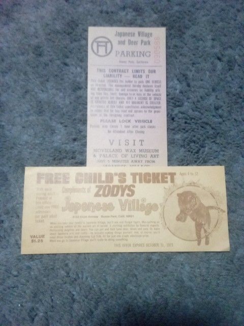 Free Child's Ticket Compliments Of Zodi's To Japanese Village And Parking Ticket 1973