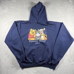 Vintage Disney World Winnie the Pooh Mens XL Faded Hoodie Blue Group Hug Y2K#941