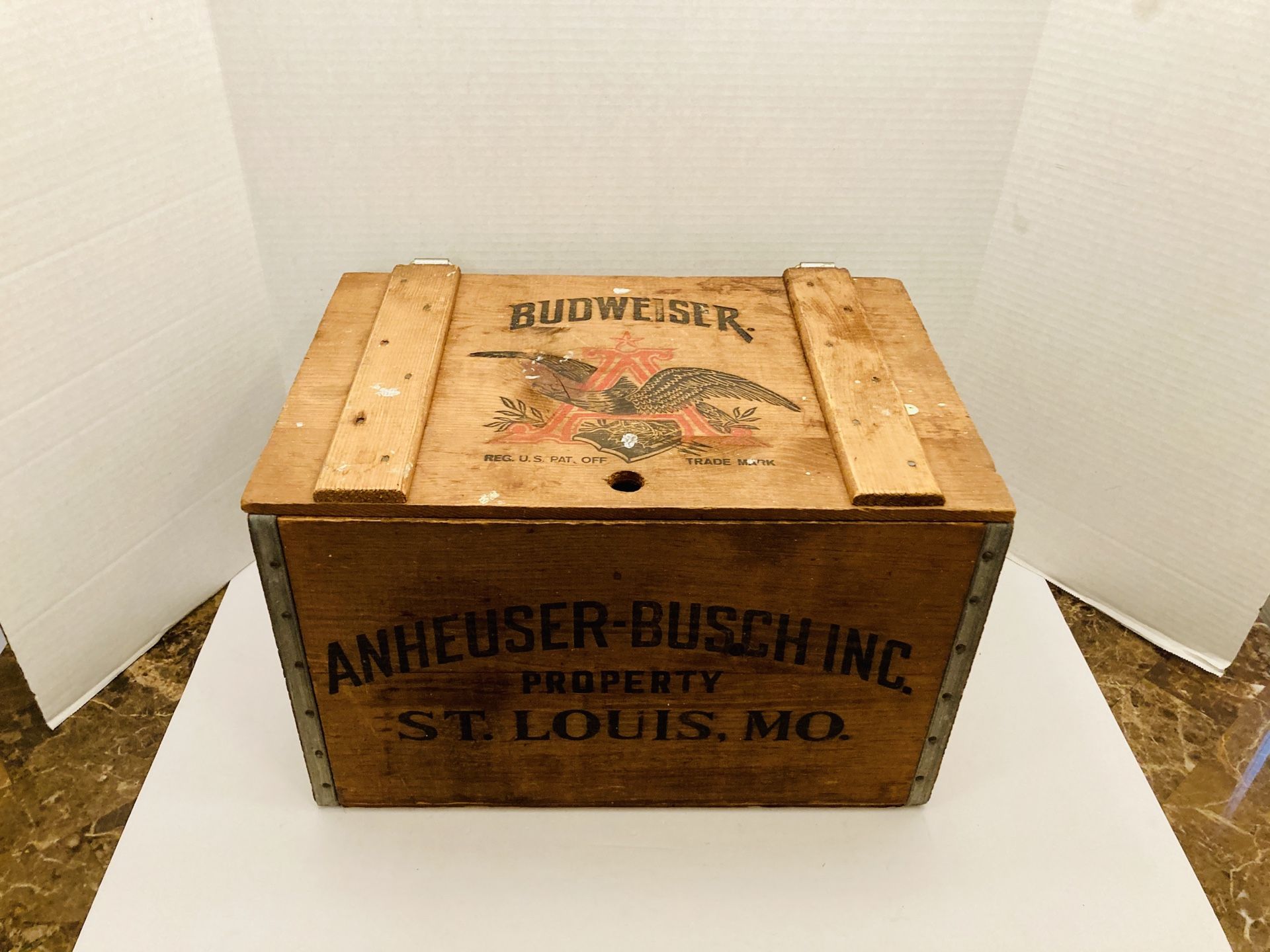 Vintage ANHEUSER BUSCH Budweiser Beer Gideon Anderson Wooden Working Box Crate Case
