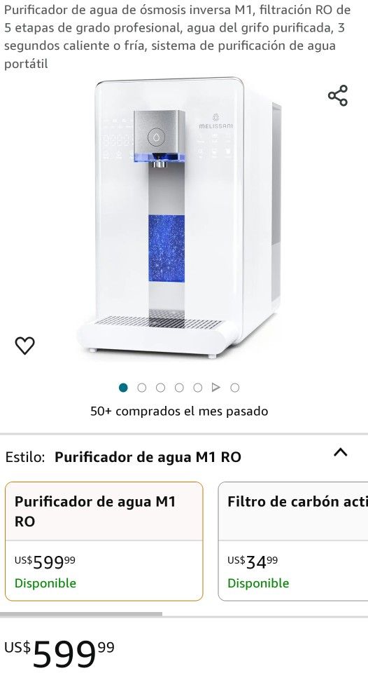 Purificador de agua de ósmosis inversa M1, filtración RO de 5 etapas de grado profesional, agua del grifo purificada, 3 segundos caliente o fría, sist