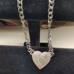 Figaro Style Silver Chain With Iced Out Heart Pendant 