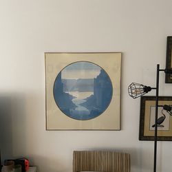 Large framed wall art, abstract/landscape, with gold metal frame