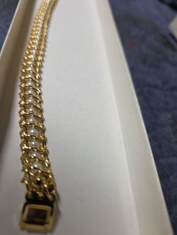 Vintage Beaded Gold Tone White Bracelet 7.5" Long 3/8" wide, Vintage  $10