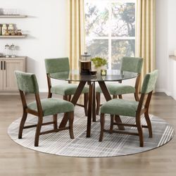 Dining Set 5 Pc Clear Tempered Glass Top, Olive Chenille Fabric, New Especial Price 
