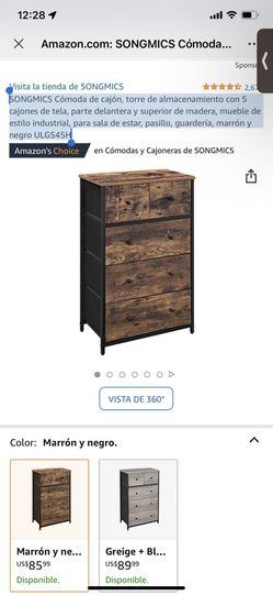 Ready setup!SONGMICS Cómoda de cajón, torre de almacenamiento con 5 cajones de tela, parte delantera y superior de madera, mueble de estilo industrial