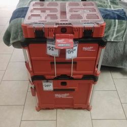 Milwaukee Packout stack. Rolling drawer, 2 drawer toolbox, large 11 compartment organizer