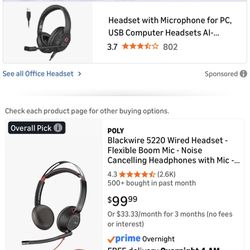 Poly Blackwire 5220 Wired Headset - Flexible Boom Mic - Noise Cancelling Headphones with Mic - USB-C, USB-A, 3.5mm - Ergonomic Over-Ear Design - Works
