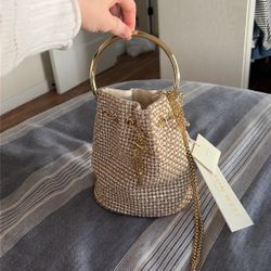 Madison West Rhinestone Mini Bucket Bag – Gold Ring Handle + Crossbody Strap (New with Tags)