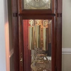 Beautiful Charles Sligh Triple Chime Beveled Glass Grandfather Clock