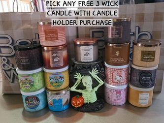Bath & body works halloween glow in the dark skeleton boo pedestal 3 wick candle holder with free candle