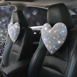 Car Seat Pillows, White, 2 Pieces Sparkly Rhinestone, Headrest Neck Support, For Women, Girls, and Ladies, Shiny Diamond Interior Accessories
