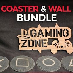 Gaming Zone Slate Coaster Set with Wooden Wall Art – PlayStation Inspired Gamer