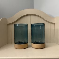 Blue Glass Wooden Base Vase Set 