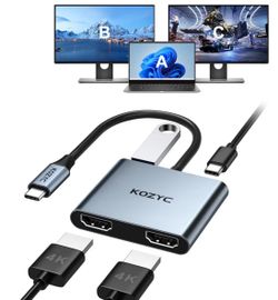 USB C to Dual HDMI Adapter 4K@30Hz, KOZYC USB C Hub Multiport Adapter with 2xHDMI, USB 3.0, 100W PD, Support USB C to HDMI Splitter Extended Display f