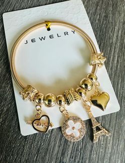 Gold-Tone Charm Bracelet with Eiffel Tower and Heart Charms