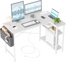 47 Inch White L-Shaped Desk with Shelves With Charging Station